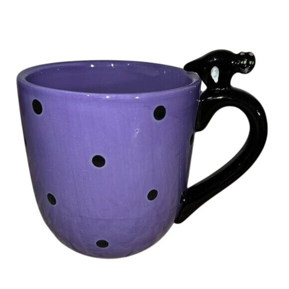 Purple Polka Dot Coffee Mug With Black Cat Handle - Picture 1 of 6
